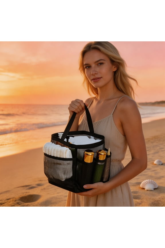 Large Capacity Mesh Beach Tote Bag, Transparent Net Handbag for Towel Storage, Portable Shower Caddy Basket for Toiletries, Cosmetics, Summer Beach, Pool, Gym, Bathroom & Travel Use, Black