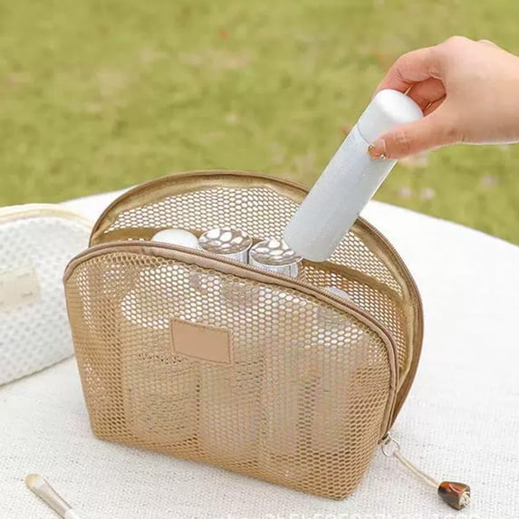 Large Capacity Mesh Cosmetic Storage Bag, Multi-Compartment Travel Organizer for Makeup Brushes Toiletries, Breathable Portable Wash Pouch
