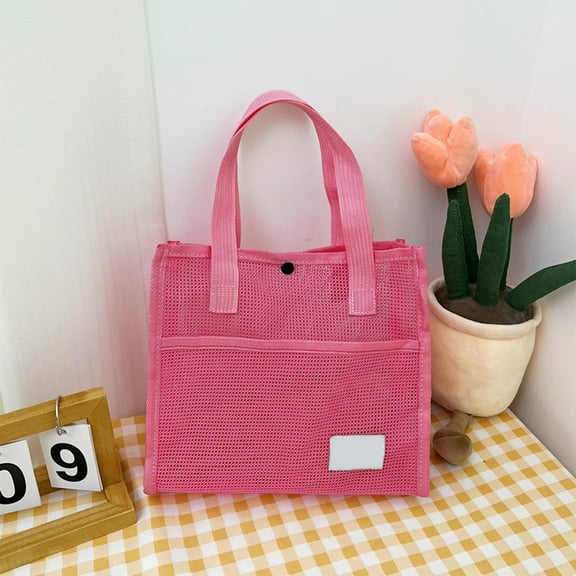 Large-Capacity Mesh Shoulder Tote Bag, Outdoor Beach Bag, Breathable Foldable Toiletries Storage Handbag, Casual Daily-Use Bag（9.2x8.2x3.5in Pink）