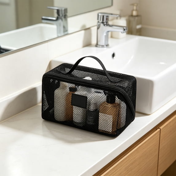 Large Capacity Mesh Travel Toiletry Bag, Portable Handled Cosmetic Organizer, Breathable Multifunctional Storage Pouch, Perfect Campus Move-In Gift
