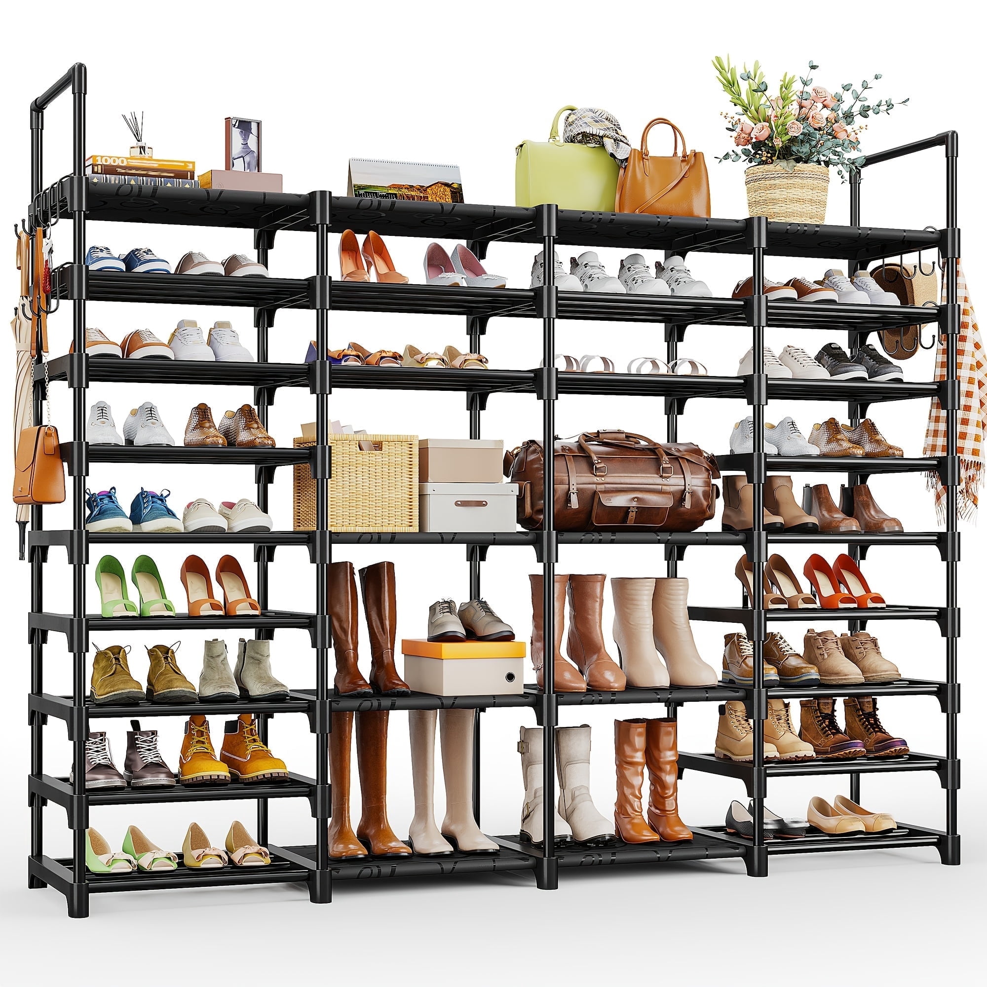 Storvive 9 Tiers Large Shoe Rack, 4 Columns Metal Shoe Storage Organizer, Holds up to 70 Pairs (62 inches, Black)