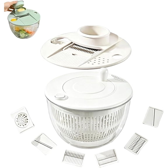 Large Capacity Multi-Function Salad Spinner with Quick Stop Button, Salad Spinner Stainless Steel, Salad Spinner Large, with 5 Blade Slicer Egg Yolk Strainer Shredder (Green)