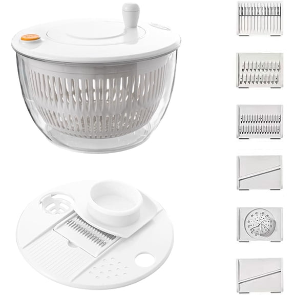 Large Capacity Multi-Function Salad Spinner with Slicer, One-Hand Pump Lettuce Spinner with Quick Stop Button, for Efficient Food Washing and Drying (White)