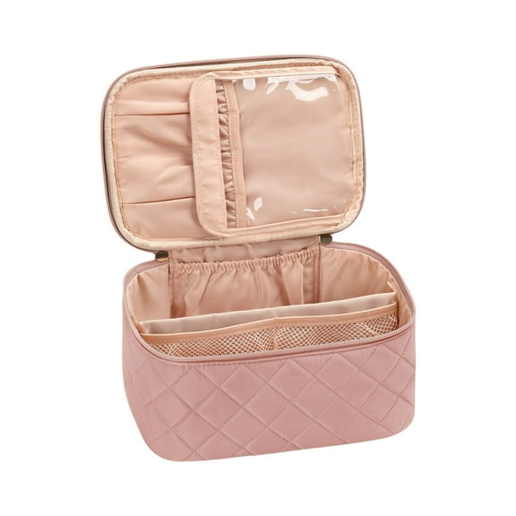 Large Capacity Multi-Layer Makeup Organizer With Independent Brush Compartment And Hidden Side Pocket, Waterproof High Density Fabric With Leather Trim, Lightweight 210G For