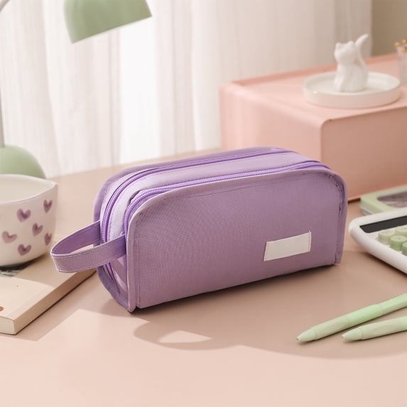 Large Capacity Multi Layer Pencil Case, Canvas Pencil Organizer with Handle for Sch-ool College Office Supplies, Holds 50 Pens, Purple