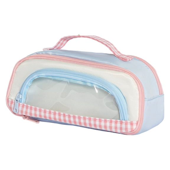 Large Capacity Multi-Layer Pencil Case with PVC Window and Plaid Hand Strap, Aesthetic Stationery Organizer Bag, in Pink-Blue