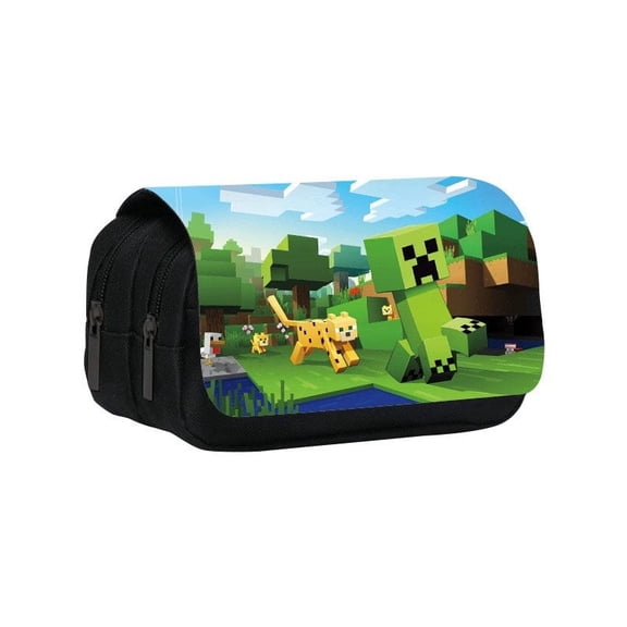 Large Capacity Multi-Layer Pixel Block Pencil Pouch - 8.26" Retro 8-Bit Sandbox Organizer - Creeper, Ocelot & Wild Animal Adventure Zipper Case for Gamers, Students & Office Workers