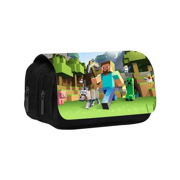 Large Capacity Multi-Layer Pixel Block Pencil Pouch - 8.26" Retro Sandbox World Organizer - Pixel Miner, Wolf & Farm Adventure Zipper Case for Gamers, Students & Office Workers