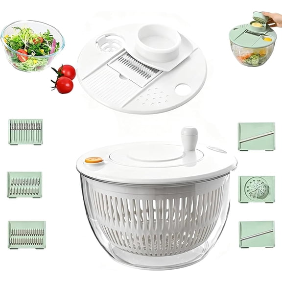 Large Capacity Multi-function Salad Spinner, 6-in-1 Salad Spinner & Vegetable Chopper, Fruit Washing Bowl with Strainer and Quick Stop Button, Easy Clean, Non-Slip Base (White)