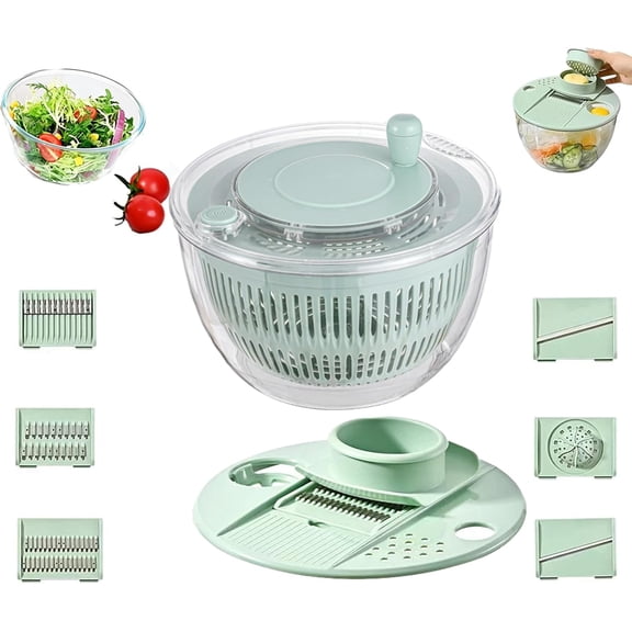 Large Capacity Multi-function Salad Spinner, 6-in-1 Salad Spinner & Vegetable Chopper, Fruit Washing Bowl with Strainer and Quick Stop Button, Easy Clean, Non-Slip Base (green transparent)