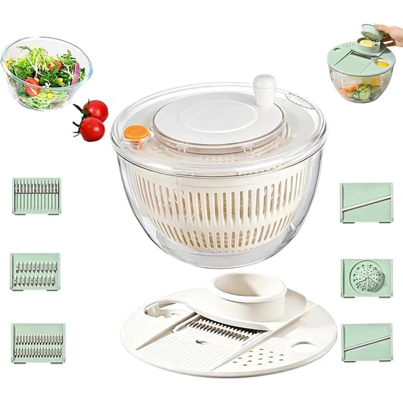 Large Capacity Multi-function Salad Spinner, 6-in-1 Salad Spinner & Vegetable Chopper, Fruit Washing Bowl with Strainer and Quick Stop Button, Easy Clean, Non-Slip Base (white transparent)