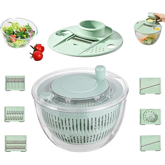 Large Capacity Multi-function Salad Spinner, 6-in-1 Salad Spinner & Vegetable Chopper, Fruit Washing Bowl with Strainer and Quick Stop Button, Easy Clean, Non-Slip Base (Green)
