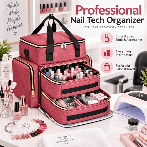 Large Capacity Nail Polish Storage Bag, Double Layer Nail Tech Organizer Case with Removable Dividers for Salon, Home, Travel, Nail Artist and Professional Manicure Tools