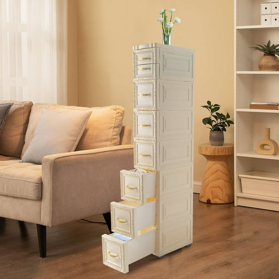 8 Drawers Narrow Tall Floor Storage Cabinet w/ wheels, Home Slim Vertical Storage Tower