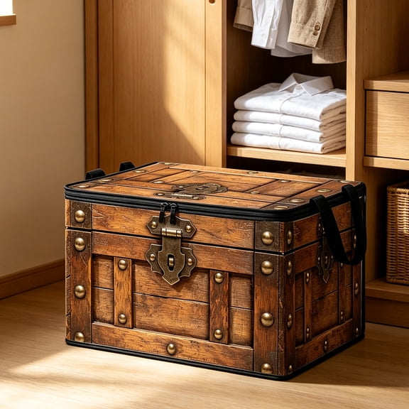 Large Capacity Non-Woven Fabric Foldable Storage Bin with Cover Antique Wooden Box Design for Home Organization