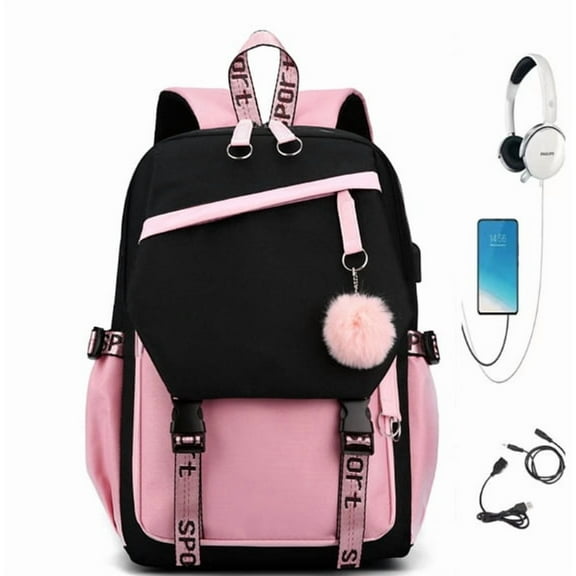 Large Capacity Nylon Backpack with USB Charging Port, Lightweight Travel Daypack Fits 14 Inch Laptop