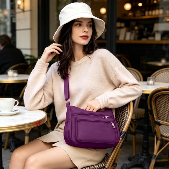 Large Capacity Nylon Crossbody Bag, 9.4"x5.1"x7.8" Multi-Pocket Shoulder Bag for Women, Lightweight Travel & Daily Commute Purse, Purple
