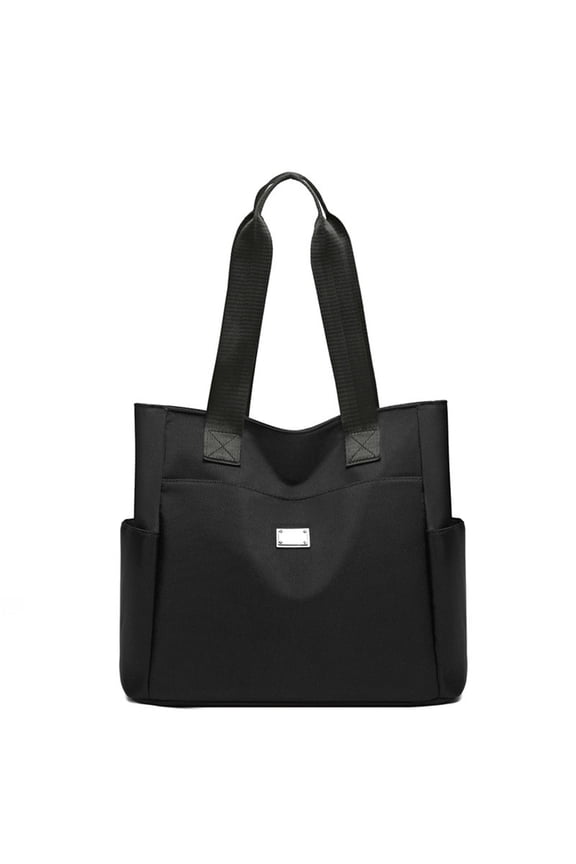 Large Capacity Nylon Tote Bag for Women, Waterproof Shoulder Handbag with Zipper and Side Pockets, Work Travel Shopping Purse(Black)