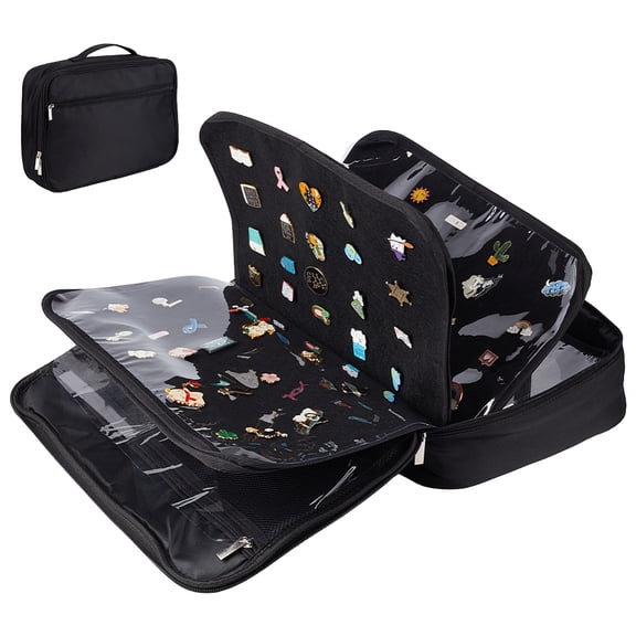 Large Capacity Oxford Cloth Enamel Pin Storage Zipper Bags 8 Pages Binder Pin Books Rectangle with Handle Black 29x40.5x8cm