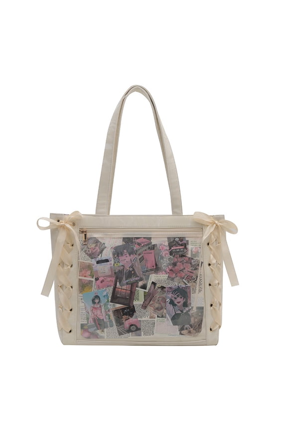 Large Capacity PU Ita Bag for Women & Girls, Ribbon Lace Up Tote Handbag with Transparent Window, Versatile Shoulder Bag for Daily Use (16.93" x 11.42" x 3.94", 0.93 lb)