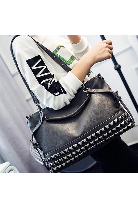 Large Capacity Pebbled Leather Motorcycle Handbag, Studded Embossed Shoulder Punk Crossbody Bag, Cross-border Women's Purse for Daily Use