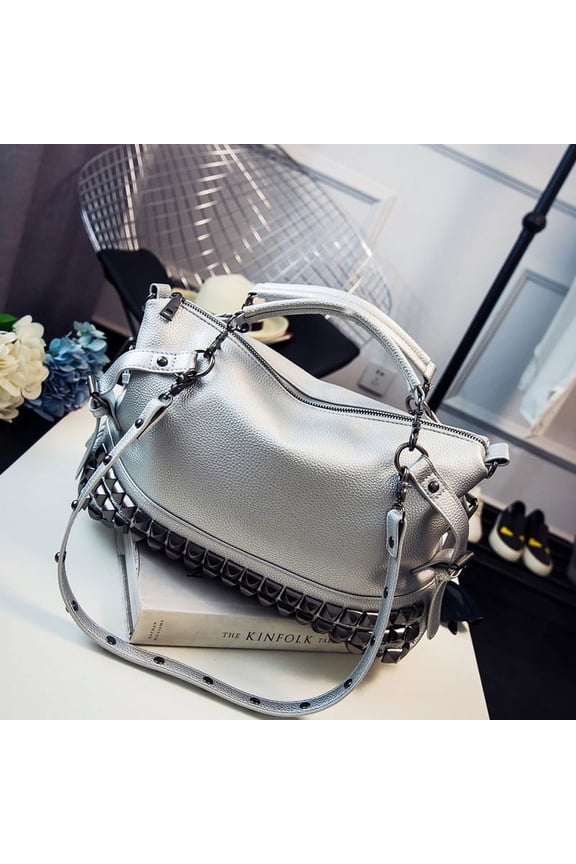 Large Capacity Pebbled Leather Motorcycle Handbag, Studded Embossed Shoulder Punk Crossbody Bag, Cross-border Women's Purse for Daily Use