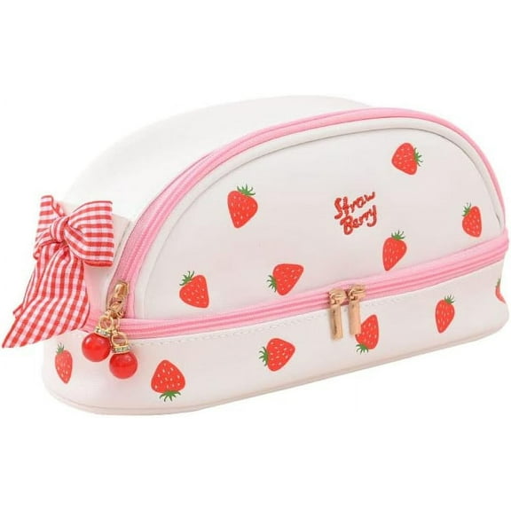 Large Capacity Pen Pencil Case Kawaii Stationery Pouch, U Leather Aesthetic Japanese Zipper Cosmetic Bag Study Supplies for Back to College and Office (Pink-Strawberry)