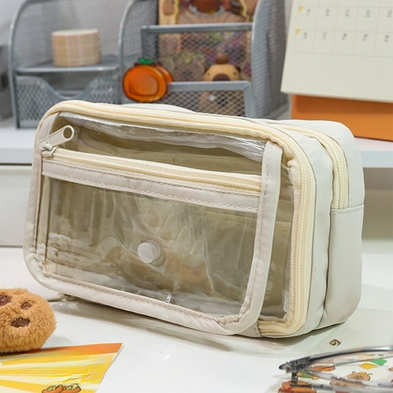 Large Capacity Pen Pencil Case, Multi Layer Stationery Bag Makeup Bag Pencil Pouch Storage Organization, 8.46x2.76x5.12in, Beige