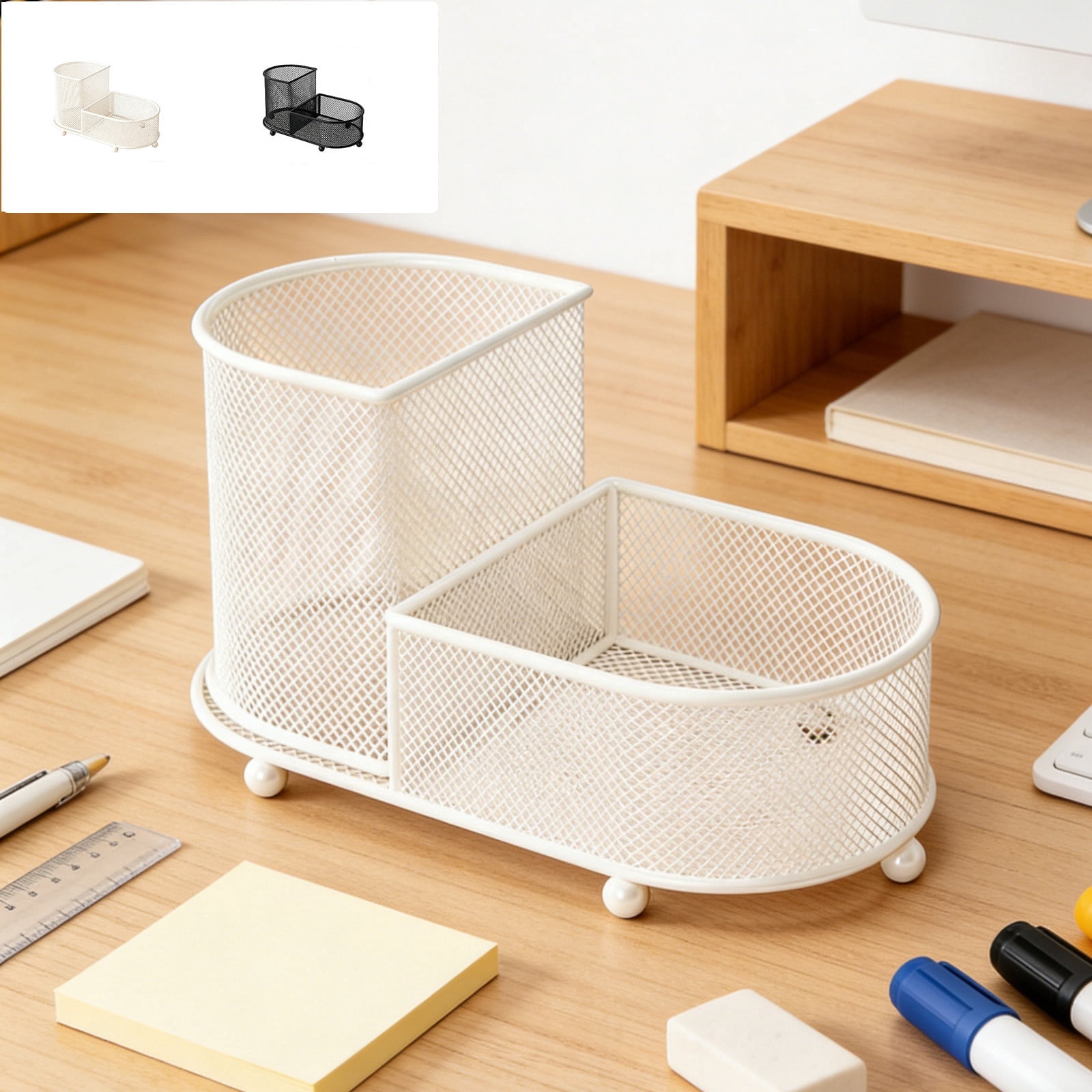 Large Capacity Pen Stationery Organizer Storage Basket - Metal Mesh Desktop Holder, Two Tier Compartment Design, Versatile Office Study Desk Accessory