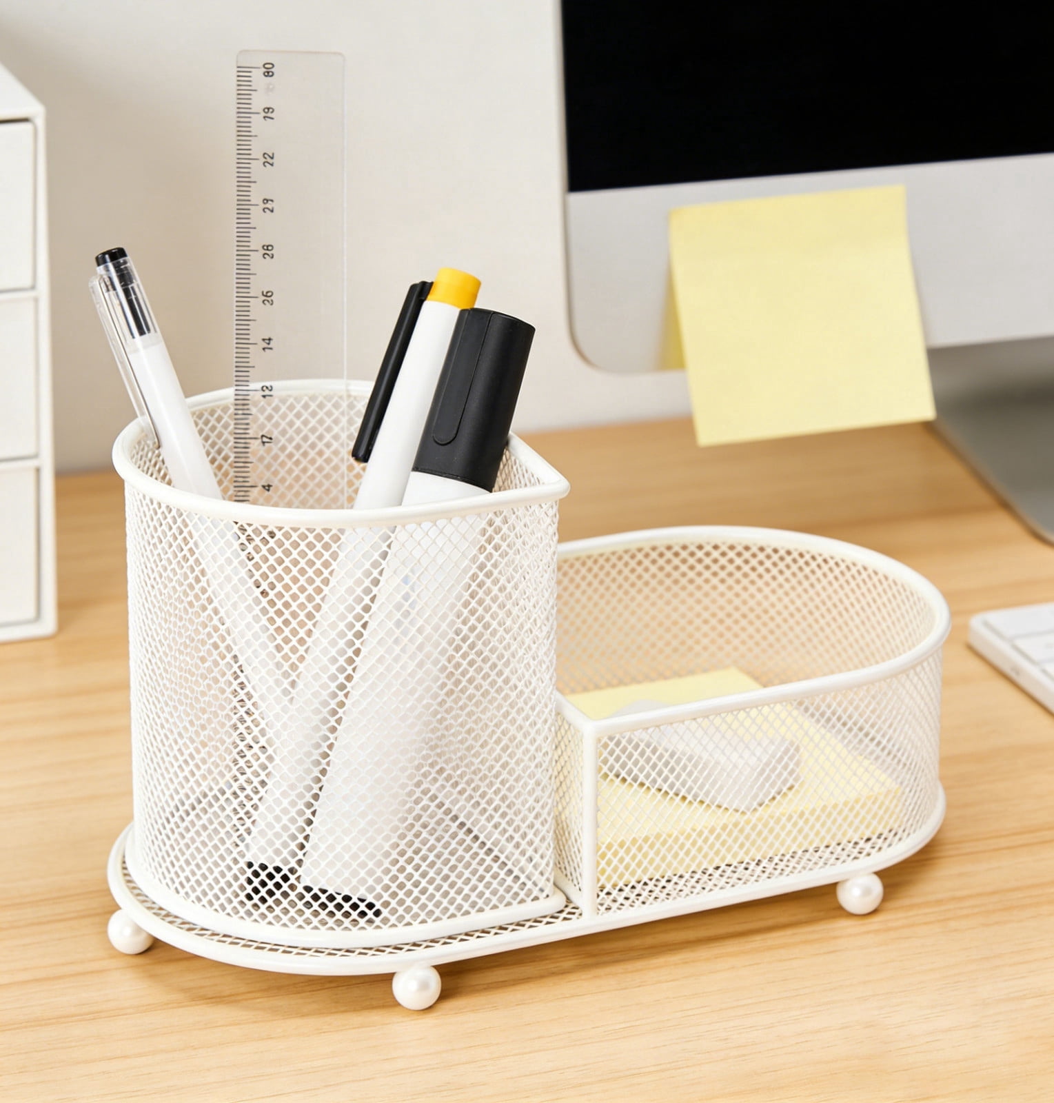 Large Capacity Pen Stationery Organizer Storage Basket - Metal Mesh Desktop Holder, Two Tier Compartment Design, Versatile Office Study Desk Accessory