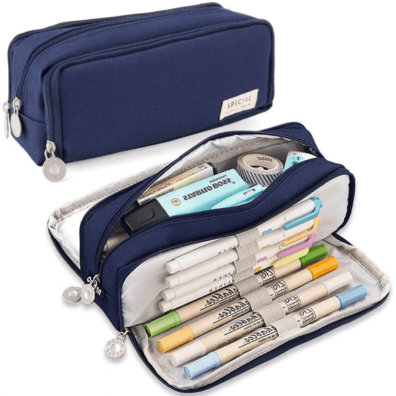 Large Capacity Pencil Case, 3 Compartment Oxford Cloth Zipper Pen Pouch, Stationery Organizer for Students, Teachers, Office, Travel Bag, Navy Blue