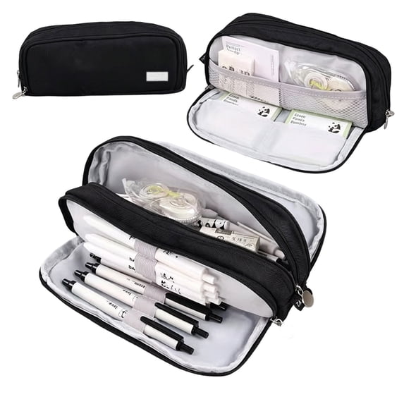 Large Capacity Pencil Case 3 Compartment Pouch Pen Bag Black