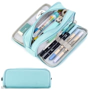 Rirool Large Capacity Pencil Case, 3 Zipper Compartments Pen Pouch for High School, College, Teachers, Office & Travel Use, Makeup Bag for Teens and Adults, Blue