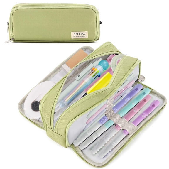 Large Capacity Pencil Case, 3 Compartment Pouch Pen Bag for Adults Teen College, Zipper Pouch Office Supplies Stationery Tool Bag (Green)