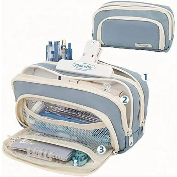 Large Capacity Pencil Case 3 Compartments Large Pencil Pouch Pen Bag Pencil Box Holder Organizer Simple Storage Aesthetic Stationery Cosmetic for Adults Men Women Office Essentials (Blue)