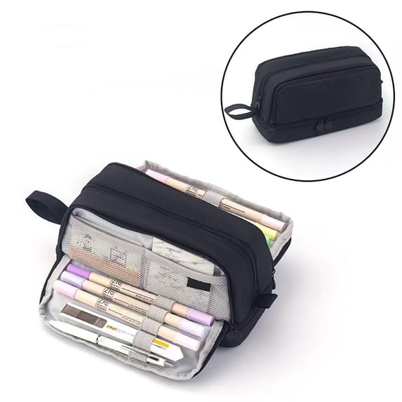 Large Capacity Pencil Case, 3 Zipper Compartments Pen Pouch For, College, Teachers, Office & Travel Use, Makeup Bag for Teens and Adults(Black)