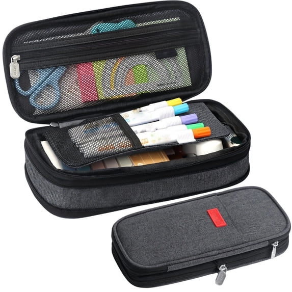 Large Capacity Pencil Case 4 Compartments, Expandable Multi-Layer Pen Bag with Mesh Pockets, Oxford Cloth Stationery Organizer for Students School Office Travel Black