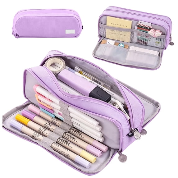 Large Capacity Pencil Case 4 Compartments, Expandable Multi-Layer Stationery Organizer Bag with Slots for Students School Office Art Supplies, Oxford Cloth Purple