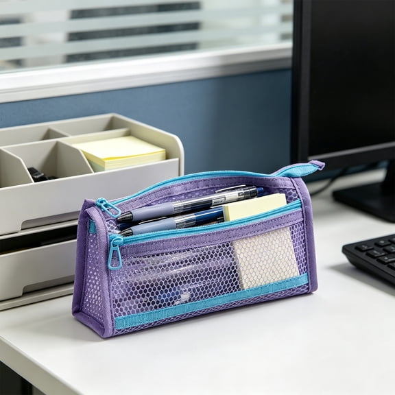 Large Capacity Pencil Case with Compartments, Macaron Stationery Storage Bag, Multifunctional Plastic Pen Pouch, Durable Pencil Holder for Home or Office, Blue Green Yellow Pink Purple