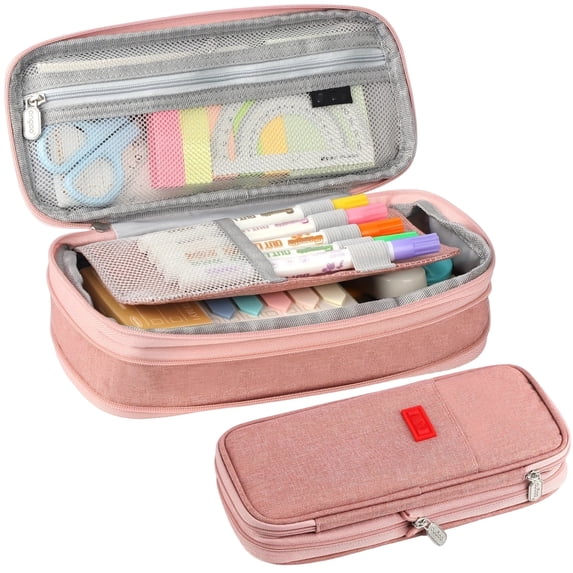 Large Capacity Pencil Case, Expandable Multi Layer Pen Bag with 4 Compartments, Oxford Cloth Stationery Organizer for Students School Office Supplies Pink
