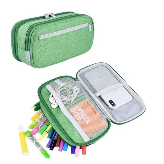 Large Capacity Pencil Case Green Canvas Pencil Pouch Expandable Pen Bag Multi Compartment Stationery Organizer For Office Travel