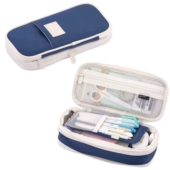 Large Capacity Pencil Case, Macaron Color Block Expandable Canvas Pencil Bag with 4 Compartments, Hard Shell Stationery Organizer for Students School Office Travel, Navy Blue Polyester