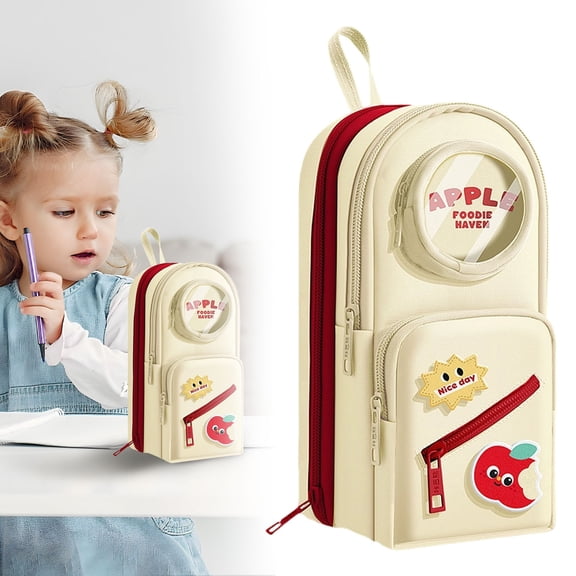 Large Capacity Pencil Case,Mini Backpack Pencil Case,Art Marker Storage Canvas Pocket Small Gadget Bag Organizer(BEIGE-APPLE)