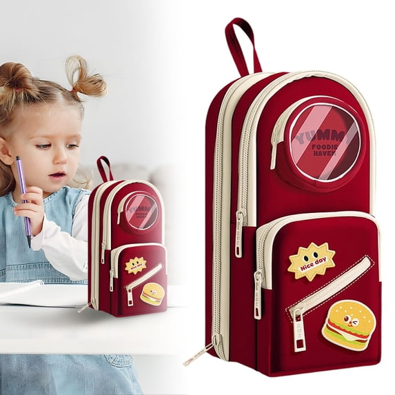Large Capacity Pencil Case,Mini Backpack Pencil Case,Art Marker Storage Canvas Pocket Small Gadget Bag Organizer(RED-BURGER)