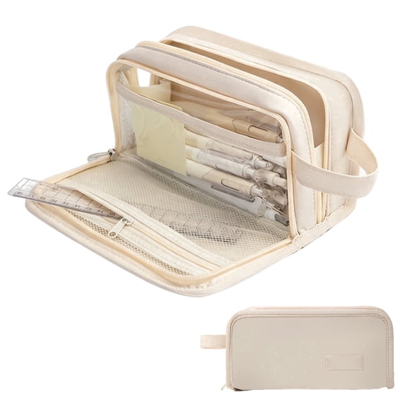 Zipper Pencil Pouch Large Capacity Pencil Case Multi Compartment Stationery Pen Organizer Beige