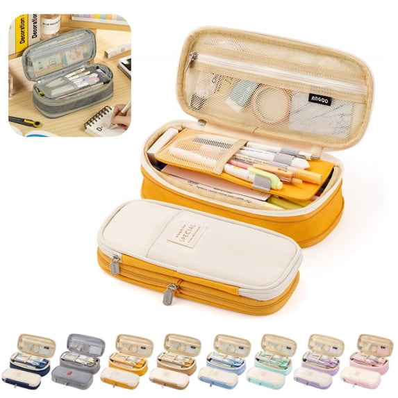 Large Capacity Pencil Case, Multi-Layer Expandable Pencil Pouch with Zipper Compartments, Durable Canvas Stationery Organizer Box for School Students Office Adults Ginger