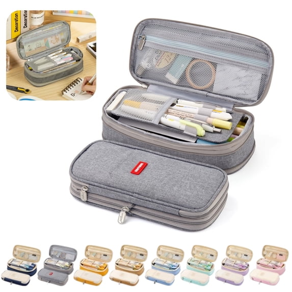 Large Capacity Pencil Case, Multi-Layer Expandable Pencil Pouch with Zipper Compartments, Durable Canvas Stationery Organizer Box for School Students Office Adults Gray