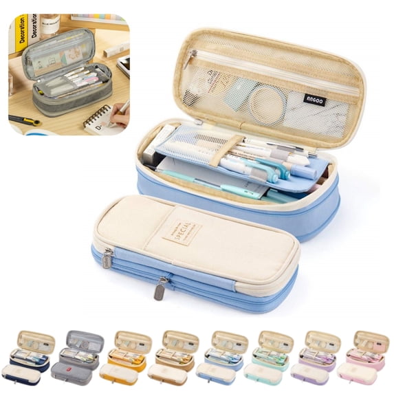 Large Capacity Pencil Case, Multi-Layer Expandable Pencil Pouch with Zipper Compartments, Durable Canvas Stationery Organizer Box for School Students Office Adults Sky Blue