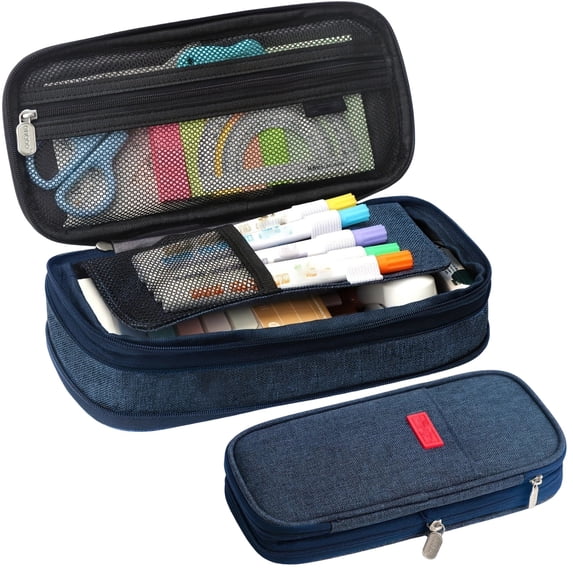 Large Capacity Pencil Case, Multi Layer Telescopic Pen Bag with 4 Compartments, Oxford Cloth Stationery Organizer for Students School Office Supplies Navy Blue