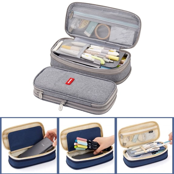 Large Capacity Pencil Case Pencil Bag Lightweight Fabric Pen Pouch With Mesh Pocket Portable Stationery Holder for School Office College Travel Makeup Small Item Storage,Gray